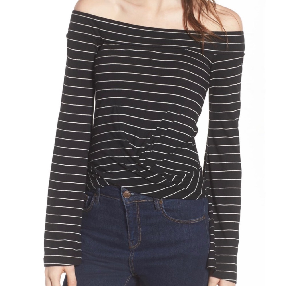 Stripe twist front off the shoulder top